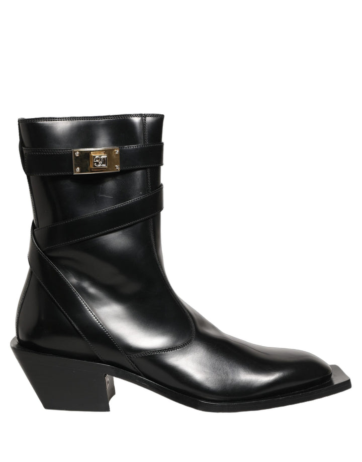 Dolce & Gabbana Black Leather DG Plaque Mid Calf Boots Shoes