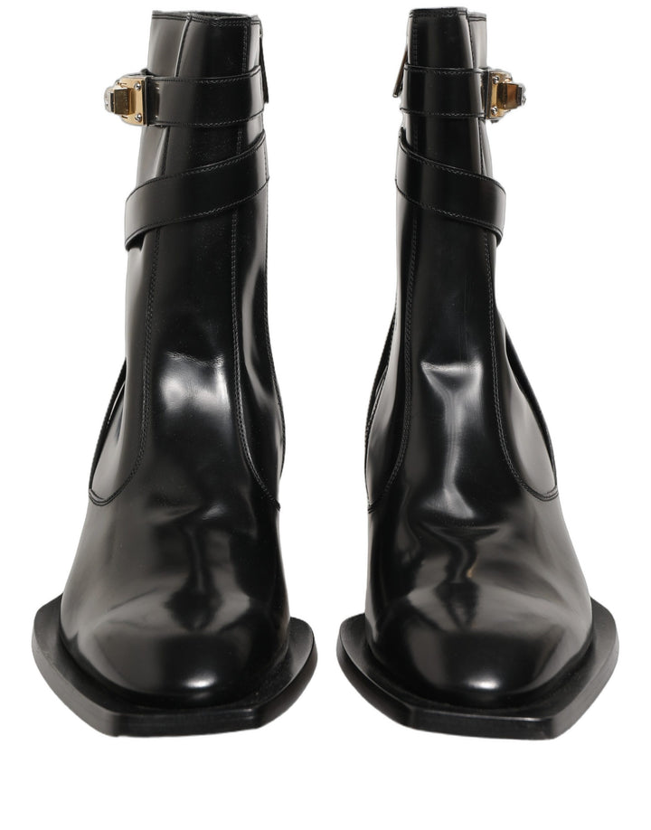 Dolce & Gabbana Black Leather DG Plaque Mid Calf Boots Shoes