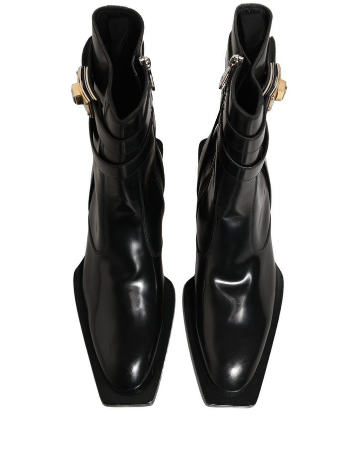 Dolce & Gabbana Black Leather DG Plaque Mid Calf Boots Shoes