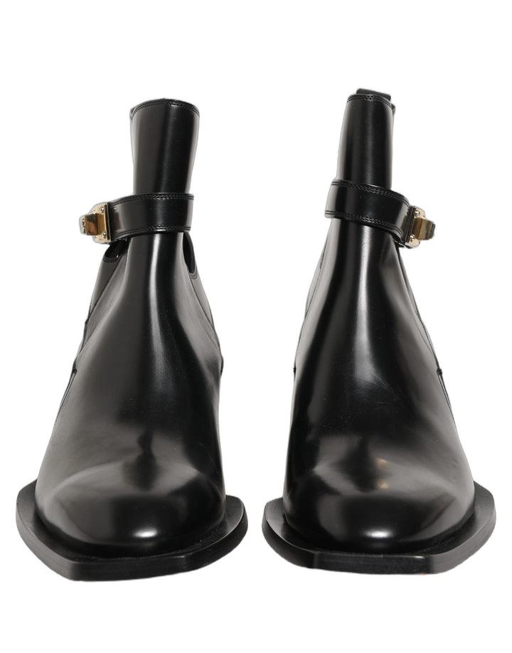 Dolce & Gabbana Black Leather DG Plaque Ankle Boots Shoes