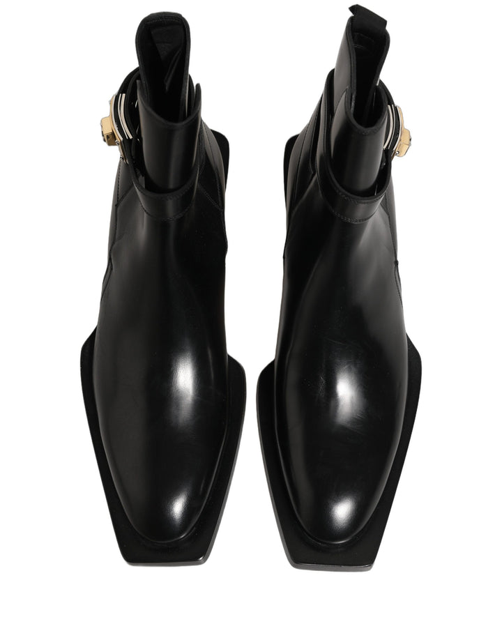 Dolce & Gabbana Black Leather DG Plaque Ankle Boots Shoes