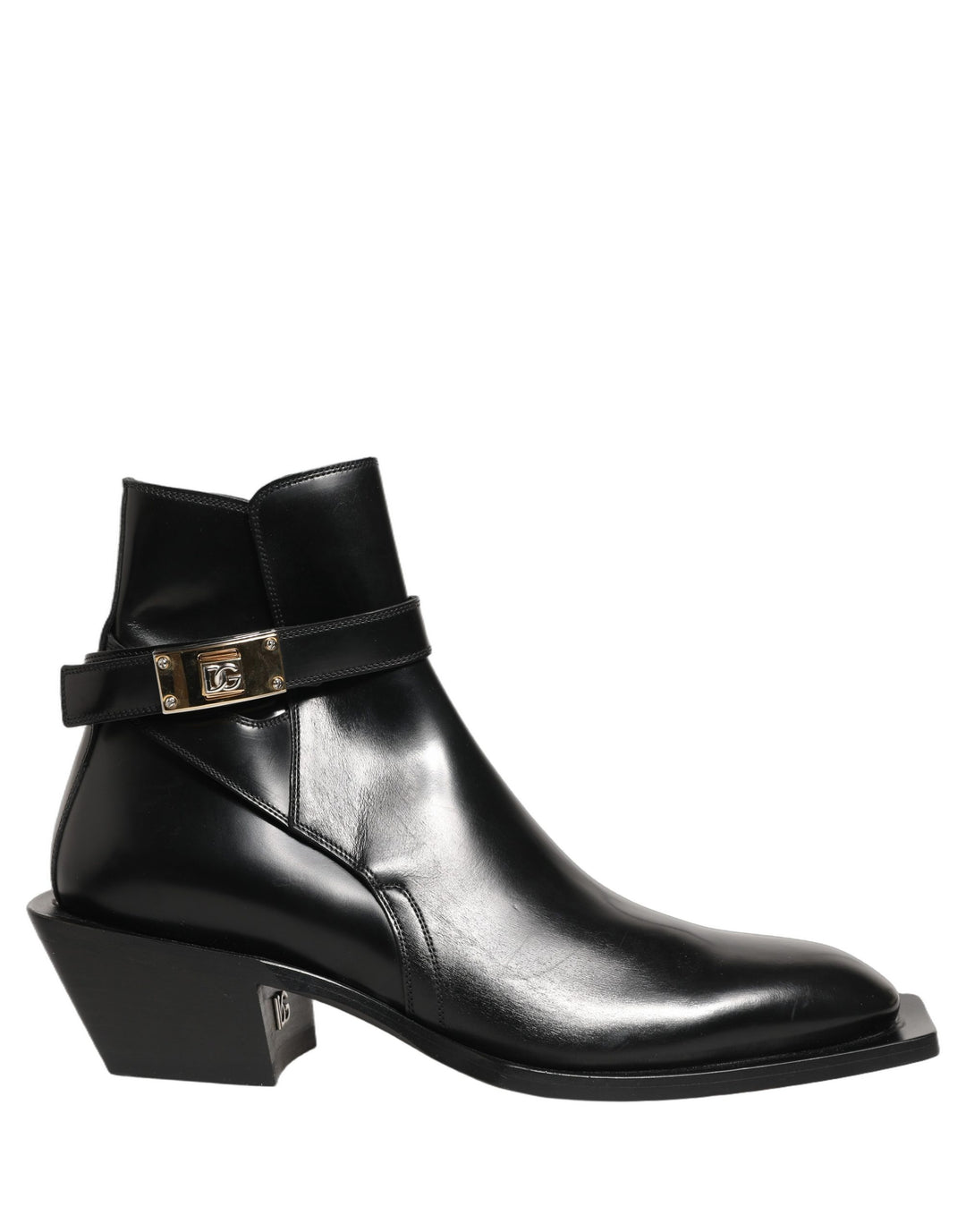 Dolce & Gabbana Black Leather DG Plaque Ankle Boots Shoes