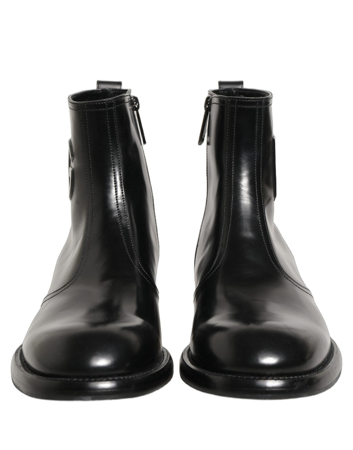 Dolce & Gabbana Black Leather Embossed Logo Ankle Boots Shoes