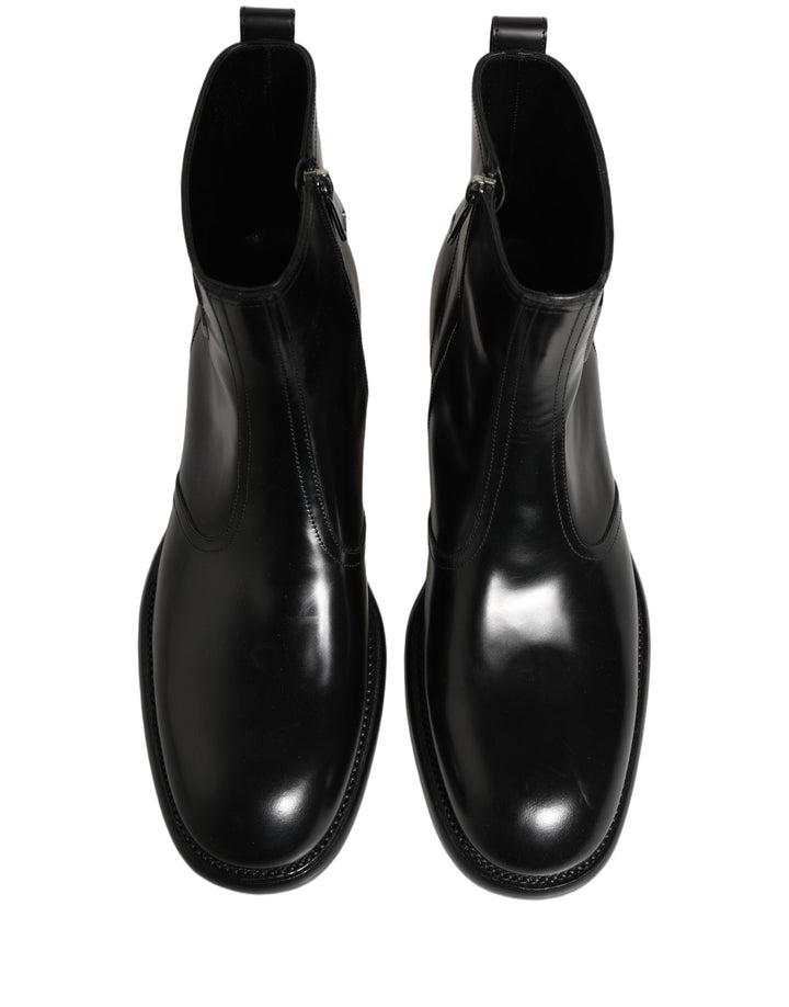 Dolce & Gabbana Black Leather Embossed Logo Ankle Boots Shoes