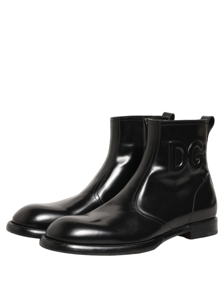 Dolce & Gabbana Black Leather Embossed Logo Ankle Boots Shoes