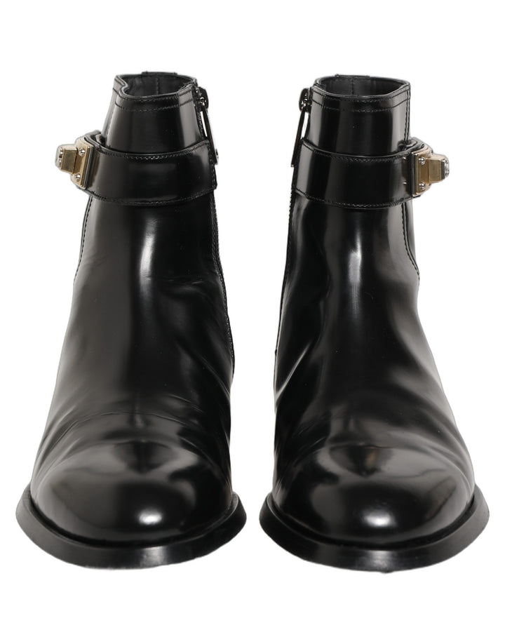 Dolce & Gabbana Black Leather Logo Buckle Mid Calf Boots Shoes