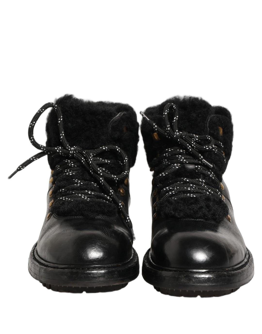 Dolce & Gabbana Black Trekking Fur Lace Leather Boots Shoes