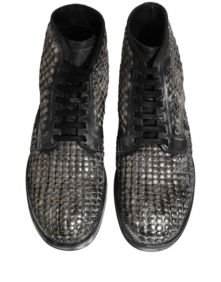 Dolce & Gabbana Black Leather Runway Studs Ankle Boots Shoes