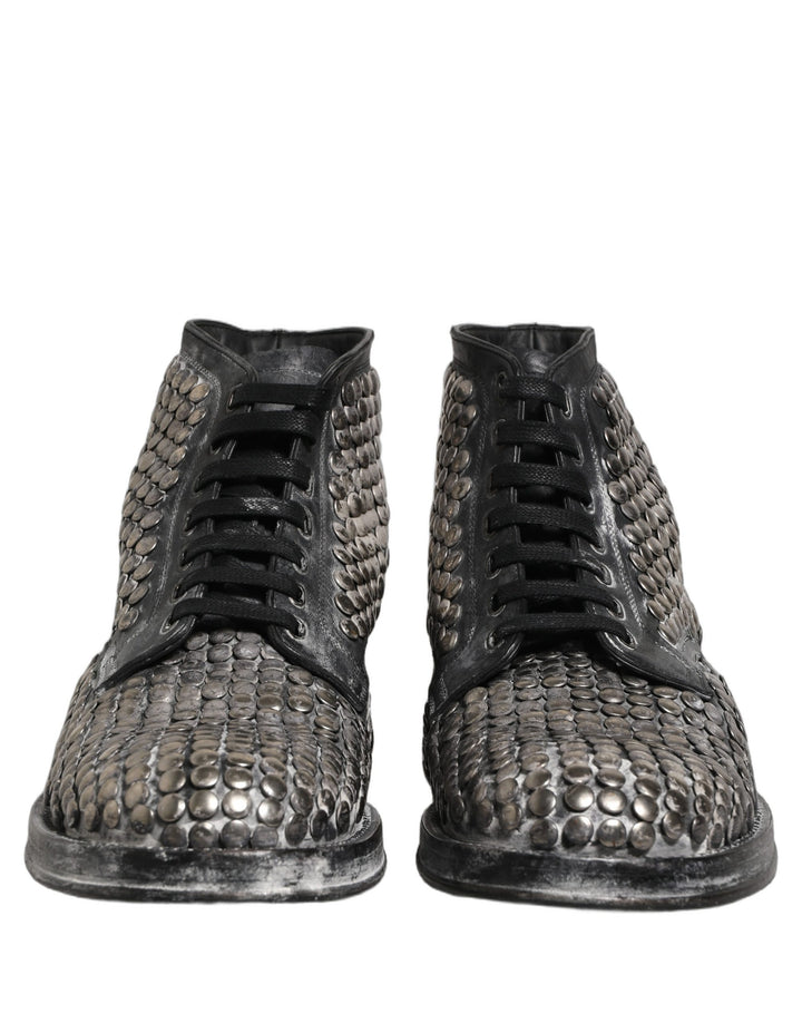 Dolce & Gabbana Black Leather Runway Studs Ankle Boots Shoes