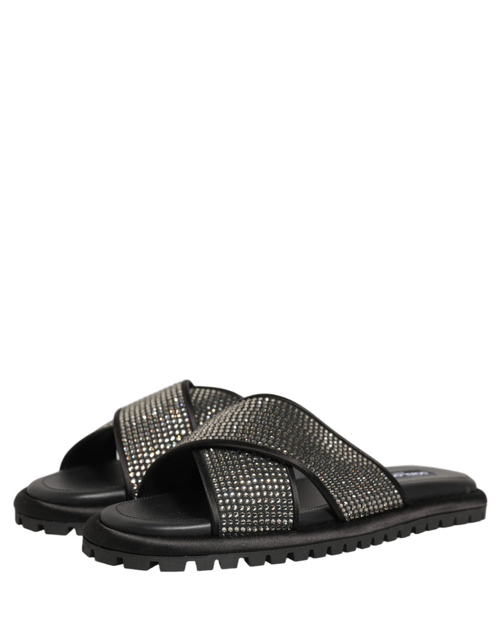 Dolce & Gabbana Black Strass Criss Cross Slide Sandals Shoes