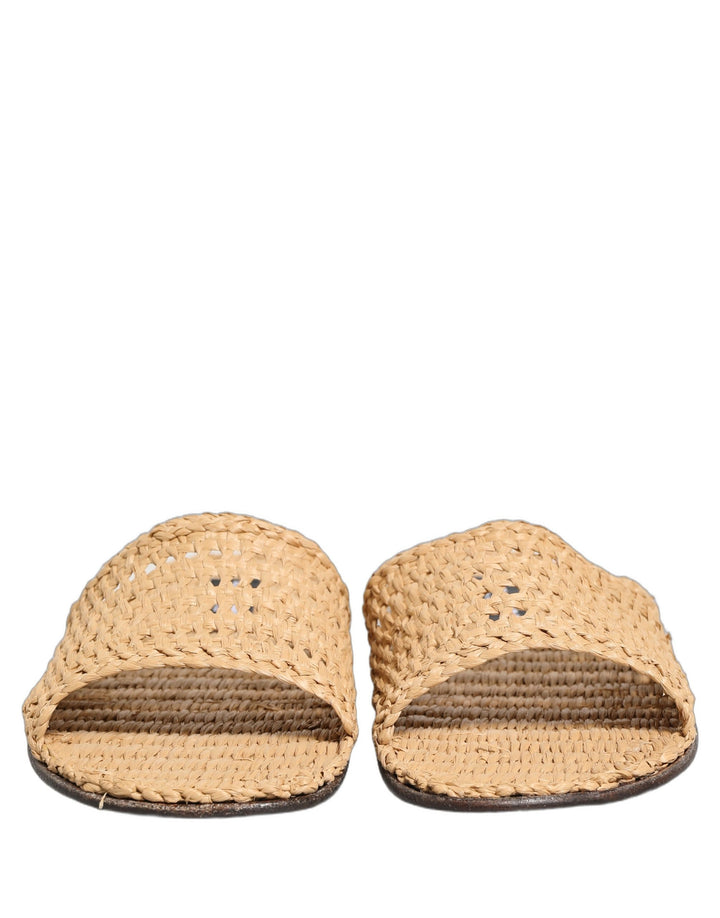 Dolce & Gabbana Beige Straw Raffia Slides Sandals Flats Shoes