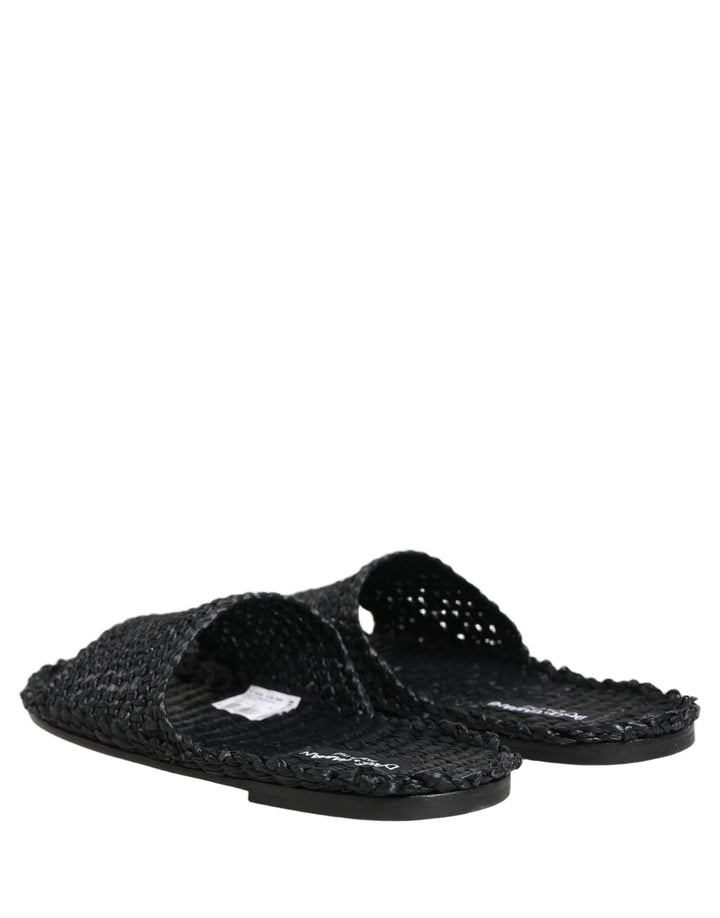 Dolce & Gabbana Black Straw Raffia Slides Sandals Flats Shoes