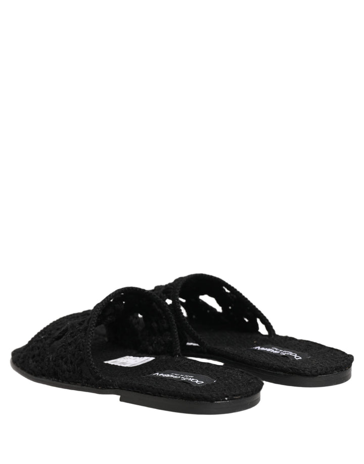 Dolce & Gabbana Black Fabric Woven Slides Sandals Flats Shoes