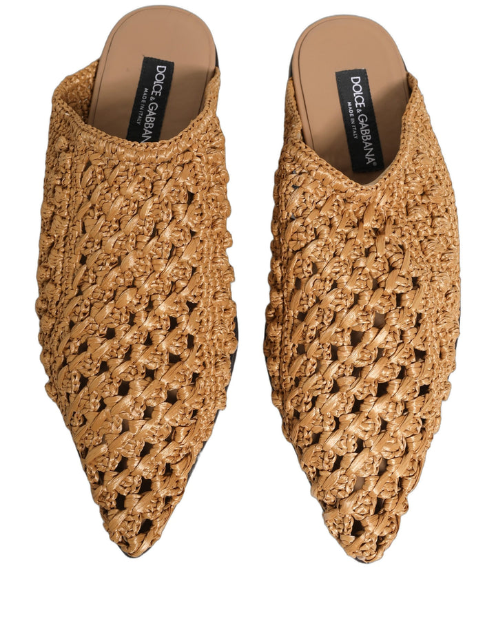 Dolce & Gabbana Beige Woven Straw Slides Sandals Flats Shoes