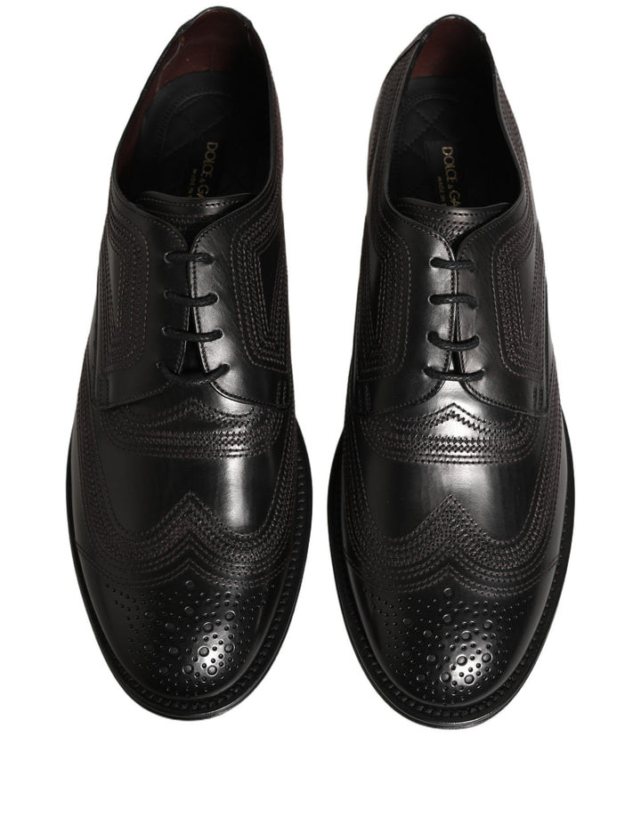 Dolce & Gabbana Black Embroidered Leather Derby Dress Shoes
