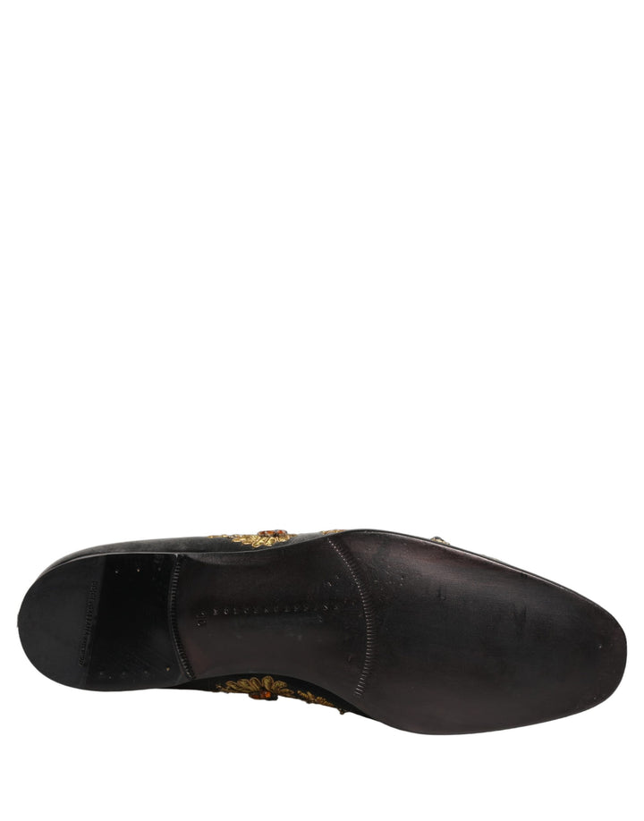 Dolce & Gabbana Black Velvet Embellished Dress Loafers Shoes