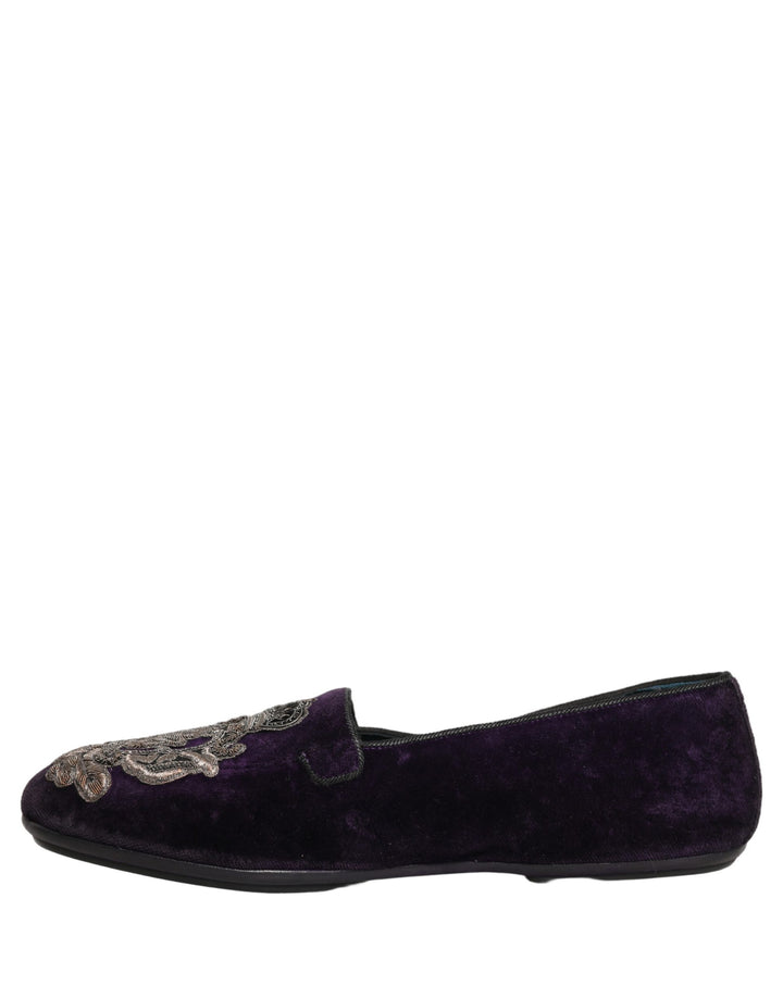 Dolce & Gabbana Purple Velvet Crown Embroidery Loafers Shoes