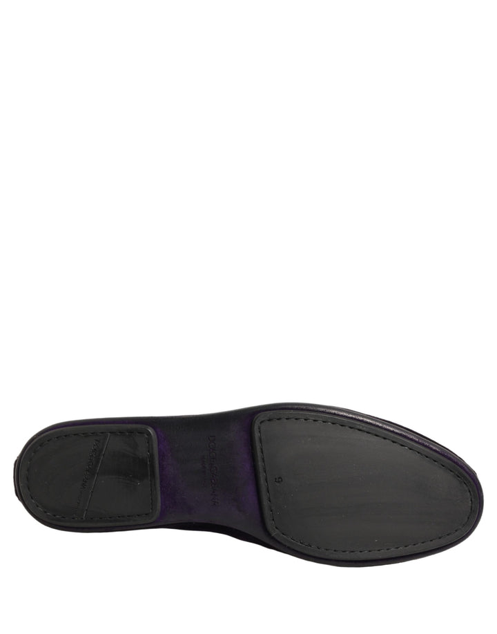 Dolce & Gabbana Purple Velvet Crown Embroidery Loafers Shoes