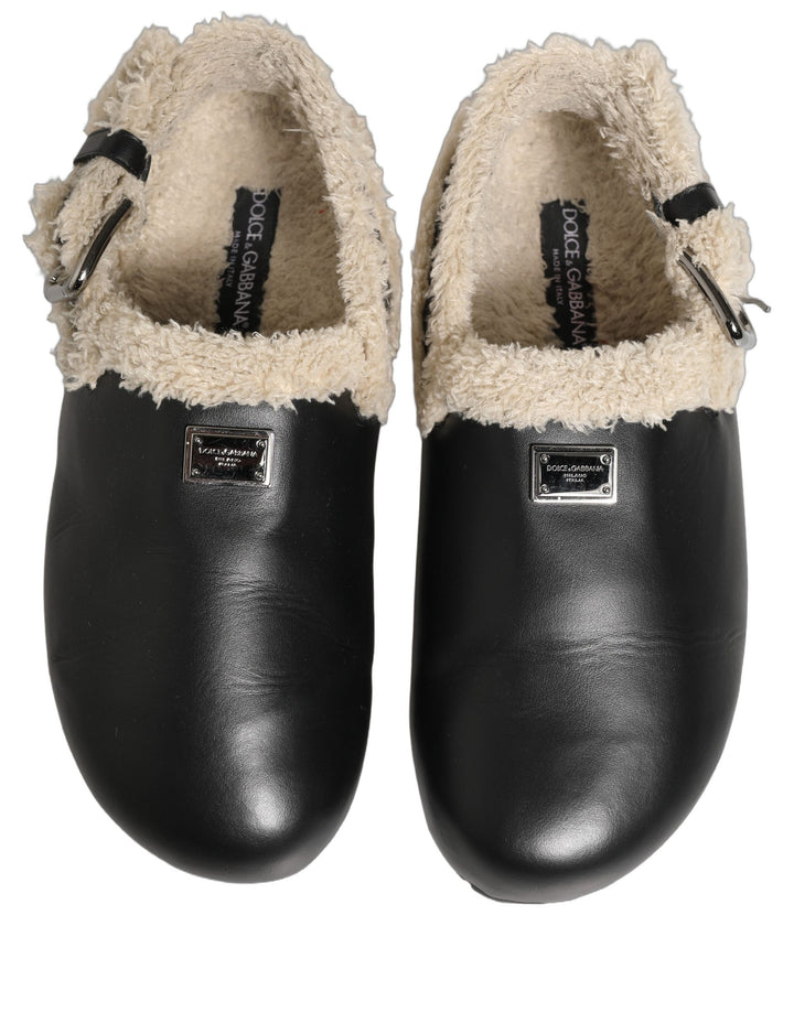 Dolce & Gabbana Beige Black Fur Shearling Slides Sandals Shoes