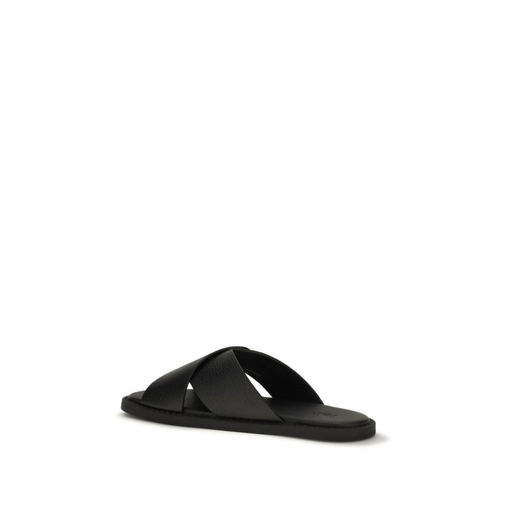 Fendi Black Calf Leather Bos Taurus Flat Sandals