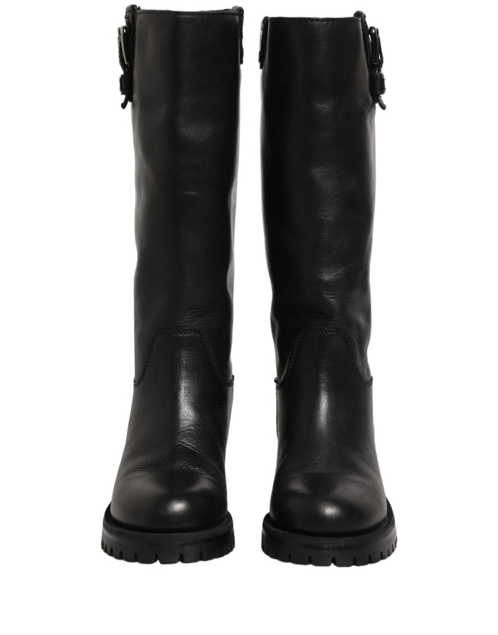 Dolce & Gabbana Black Leather Buckle Detail Mid Calf Boots Shoes