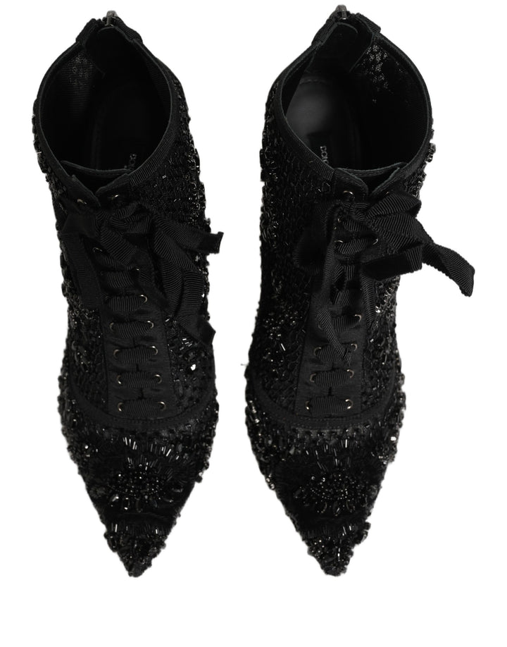 Dolce & Gabbana Black Embellished Mesh Ankle Boots Shoes