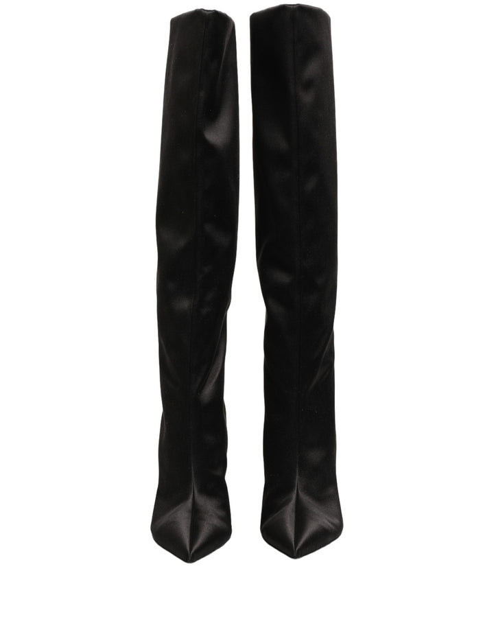Dolce & Gabbana Black Satin Knee High Stiletto Boots Shoes
