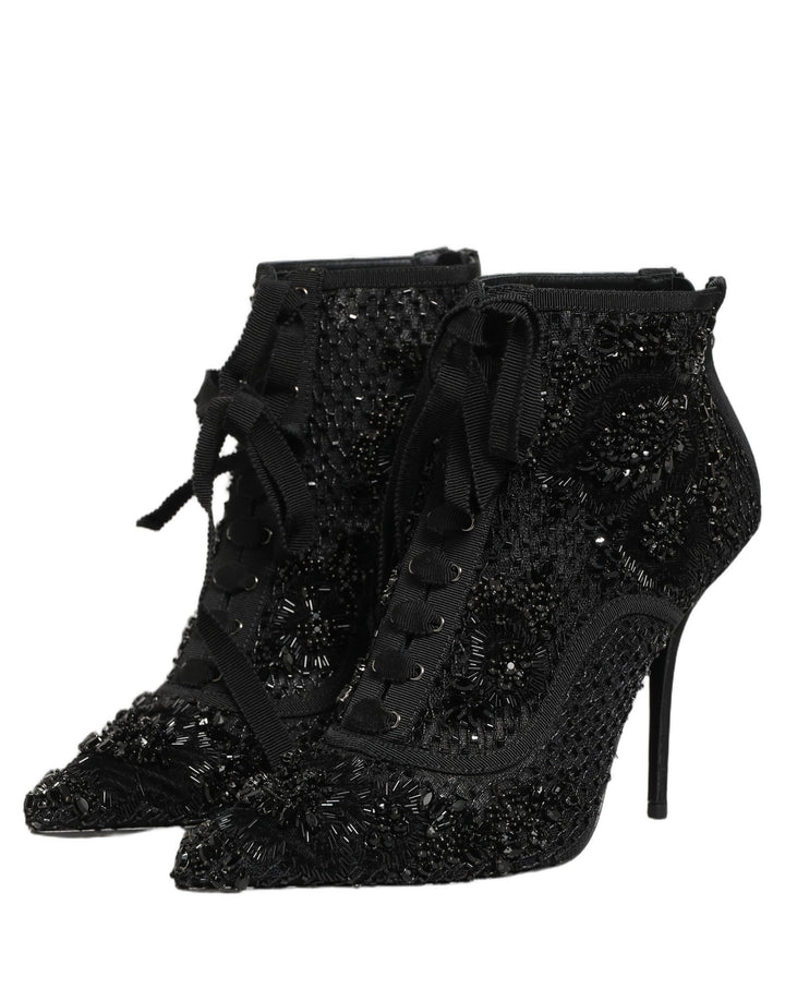 Dolce & Gabbana Black Embellished Mesh Ankle Boots Shoes