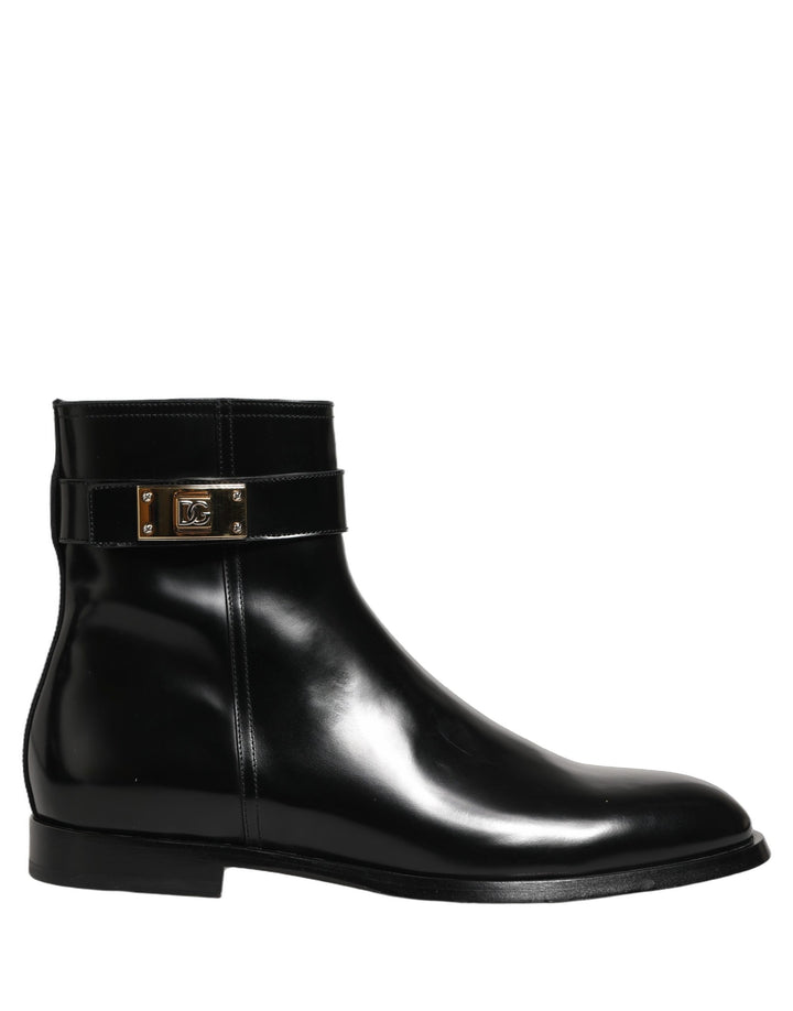 Dolce & Gabbana Black Leather Logo Buckle Mid Calf Boots Shoes