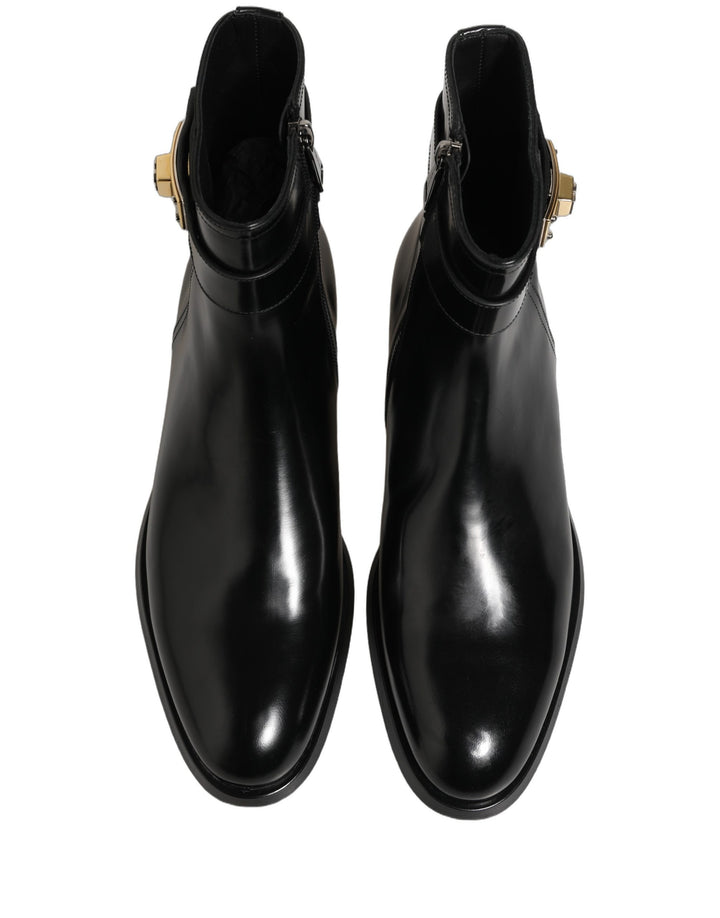 Dolce & Gabbana Black Leather Logo Buckle Mid Calf Boots Shoes