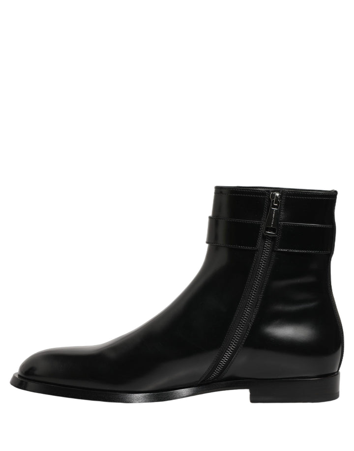 Dolce & Gabbana Black Leather Logo Buckle Mid Calf Boots Shoes