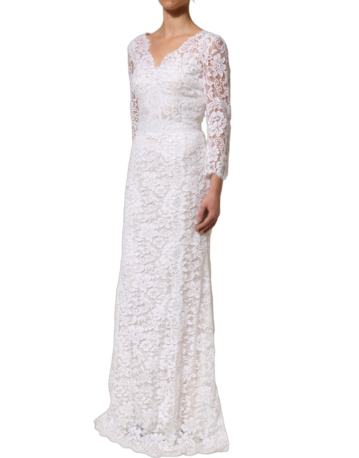 Dolce & Gabbana White Cotton Floral Lace Long Gown Dress