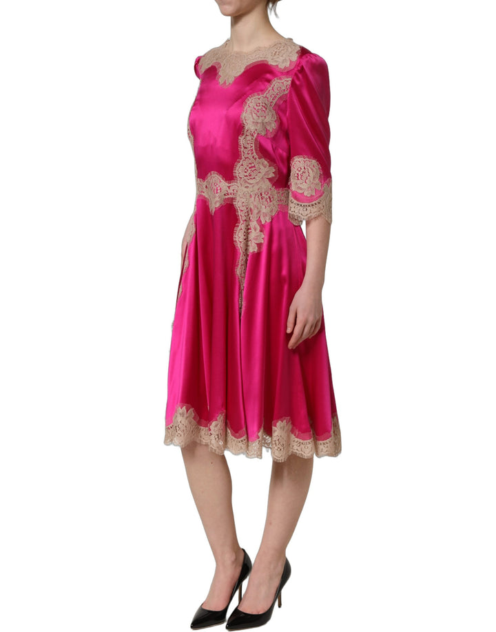 Dolce & Gabbana Fuchsia Pink Lace Detail A-line Midi Dress