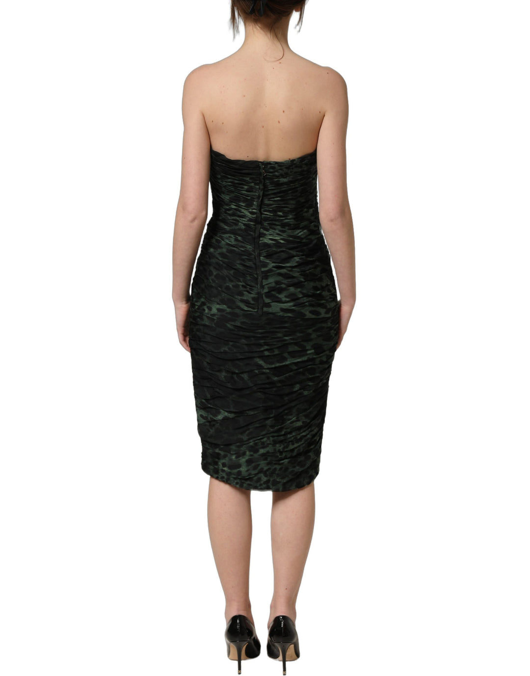 Dolce & Gabbana Green Leopard Print Bustier Draped Midi Dress