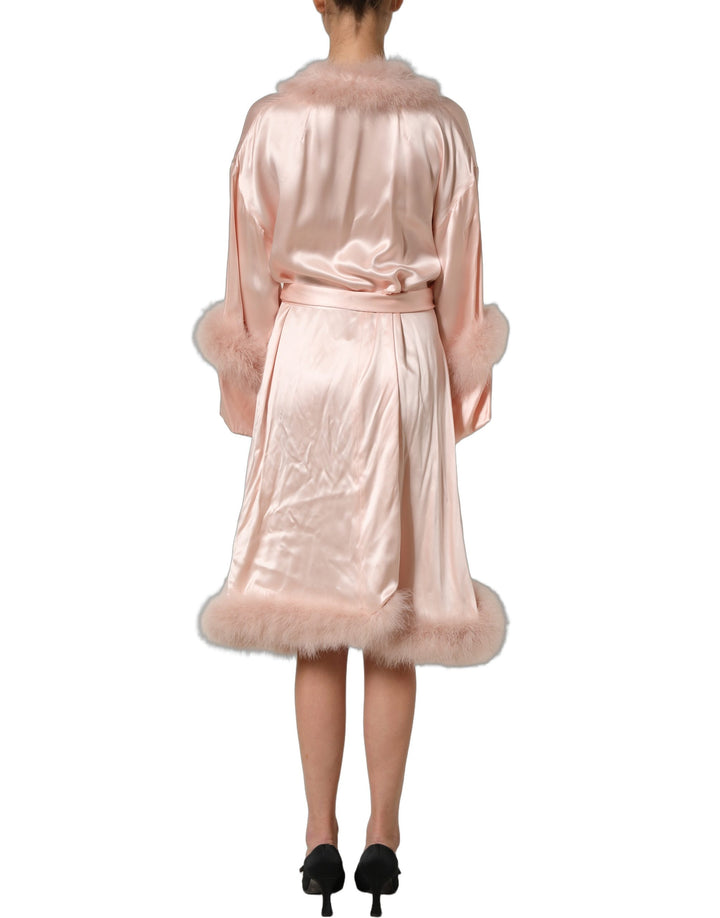 Dolce & Gabbana Light Pink Silk Turkey Feather Wrap Midi Dress