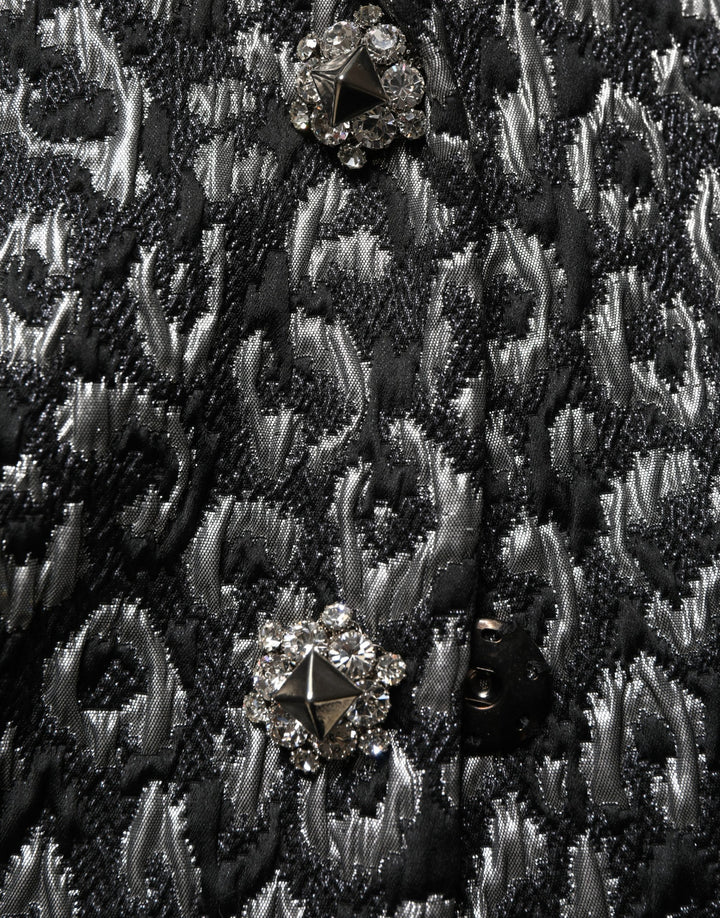 Dolce & Gabbana Black Silver Jacquard Leopard Coat Jacket