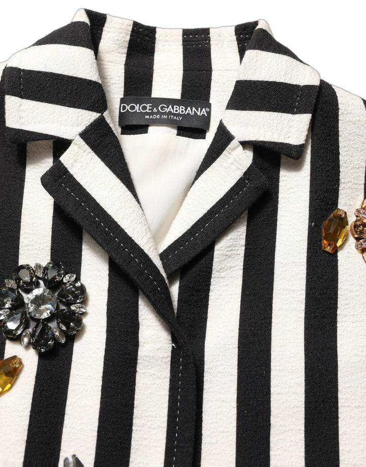 Dolce & Gabbana Black White Striped Embellished Coat Jacket
