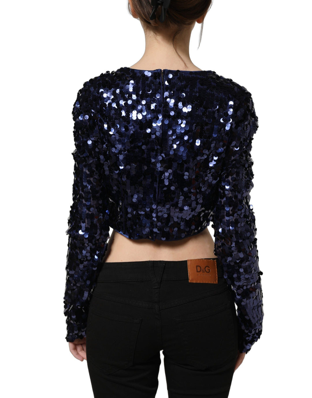 Dolce & Gabbana Blue Sequined Long Sleeves Crop Blouse Top
