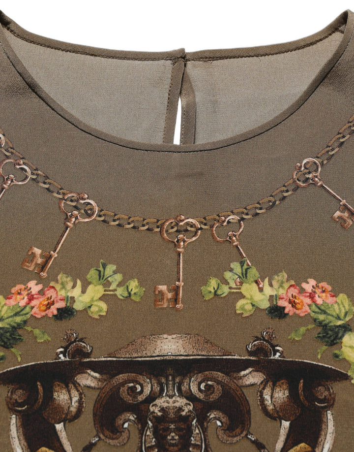 Dolce & Gabbana Brown Keys Roses Printed Silk Blouse Top