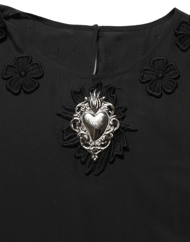 Dolce & Gabbana Black Floral Silk Heart Appliqué Blouse Top