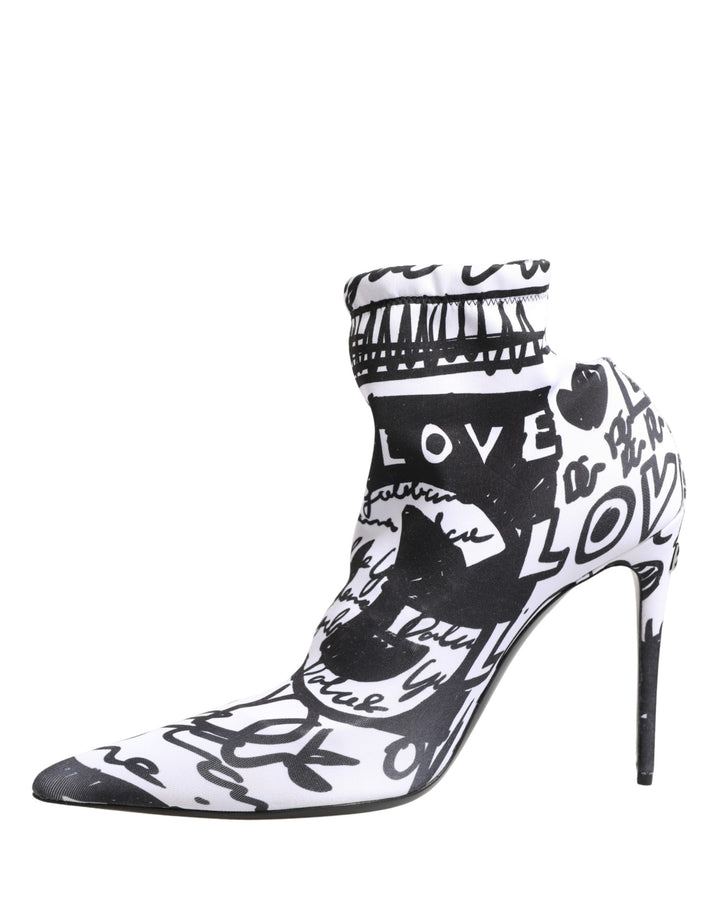 Dolce & Gabbana White Graffiti Stretch Ankle Boots Shoes