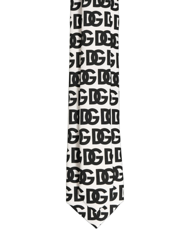 Dolce & Gabbana White Black Logo Monogram Wide Adjustable Men Necktie Tie