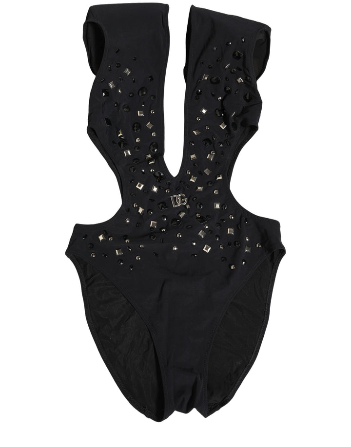 Dolce & Gabbana Black Logo Embellished Cutout One Piece Swimwear