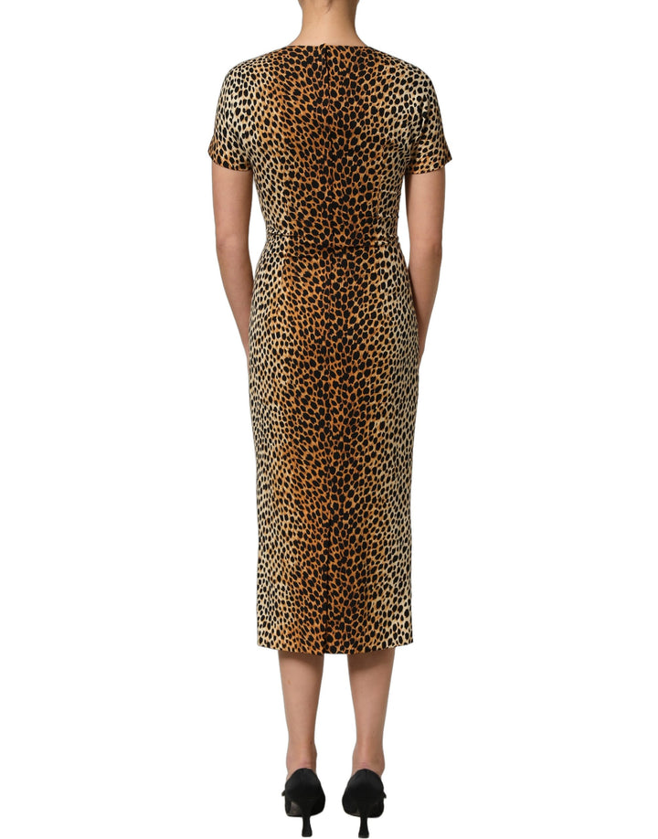 Dolce & Gabbana Brown Leopard Print Silk Sheath Midi Dress