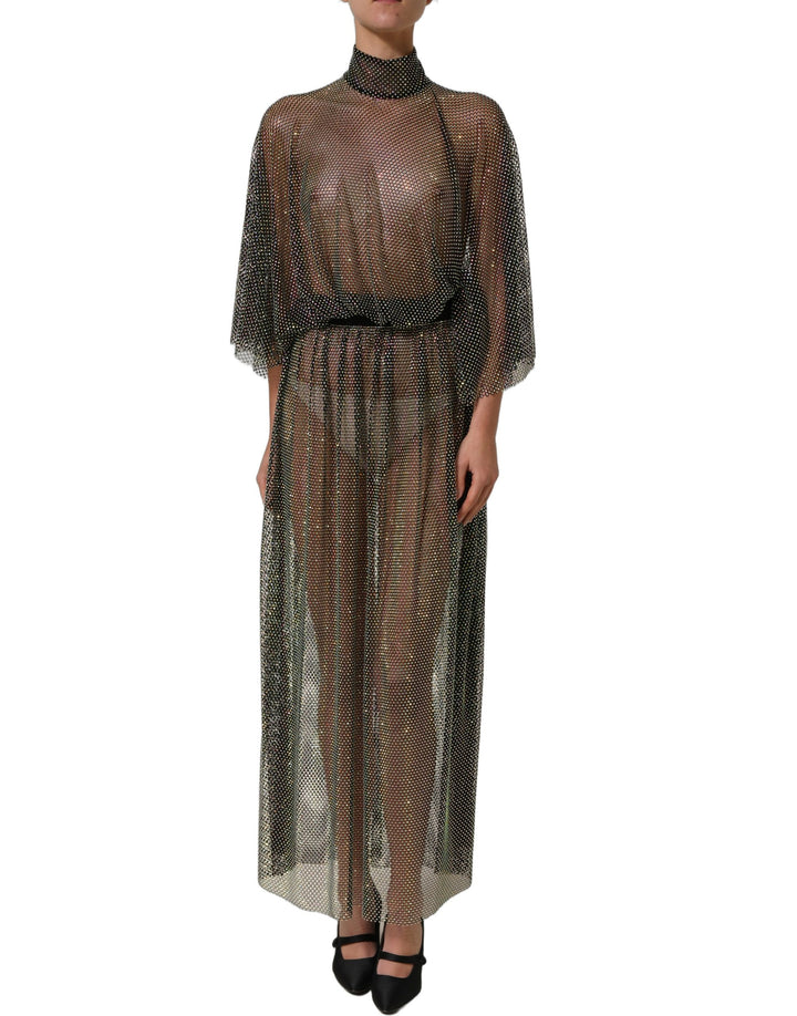 Dolce & Gabbana Black Rhinestone Mesh Turtleneck Maxi Dress