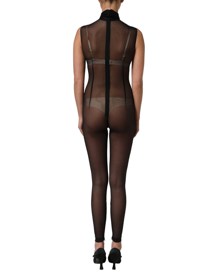 Dolce & Gabbana Black Sheer Mesh Jumpsuit Turtleneck Dress