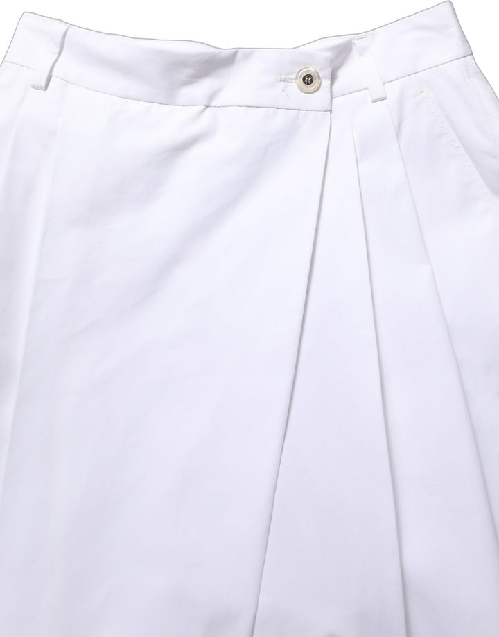 Dolce & Gabbana White Cotton High Waist Pleated Wide Leg Pants