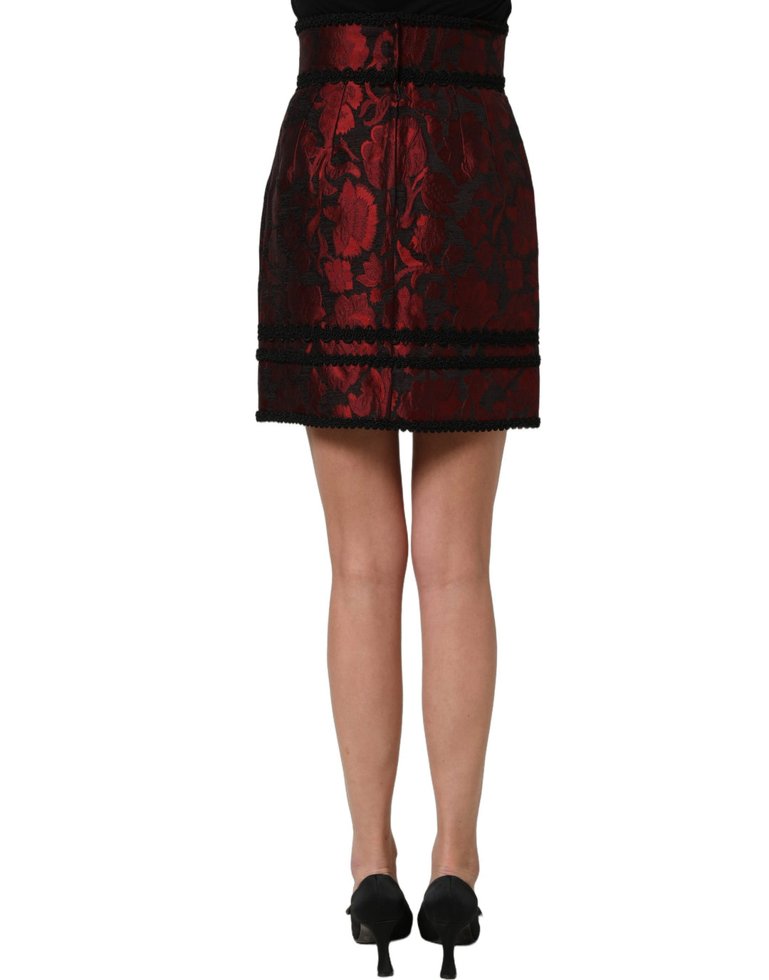 Dolce & Gabbana Red Black Floral Lace Jacquard Mini Skirt
