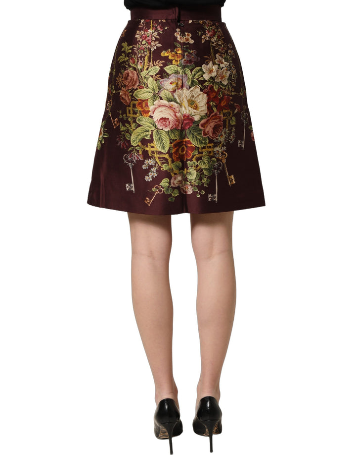 Dolce & Gabbana Burgundy Floral HighWaist A-line Mini Skirt