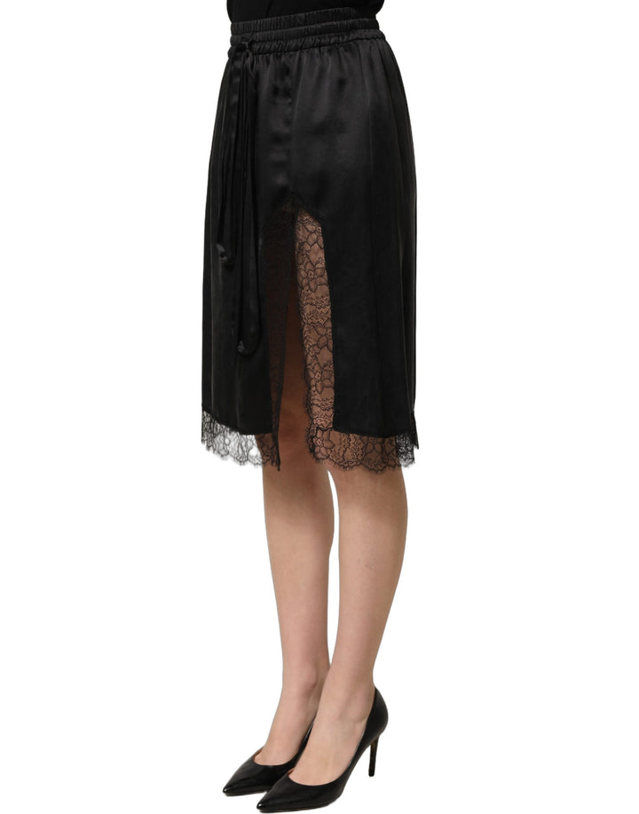 Dolce & Gabbana Black Lace Trimmed Satin Side Slit Skirt
